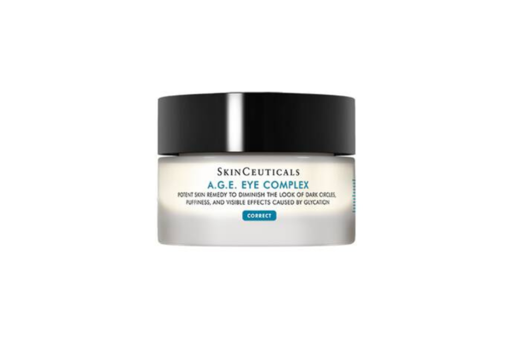Close-up of SkinCeuticals A.G.E. Eye Complex for dark circles, a specialized eye cream to rejuvenate and brighten the eye area, alongside other skincare treatments.