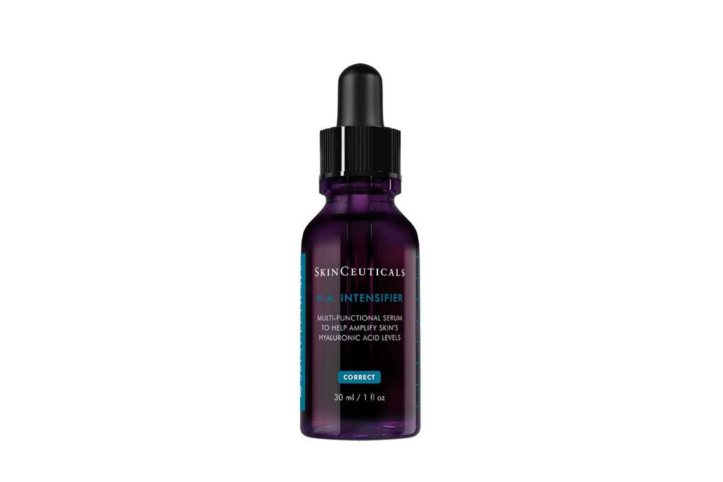 The SkinCeuticals H.A. Intensifier serum, a potent formula designed to deeply hydrate and enhance skin's natural plumpness, presented with other skincare items.